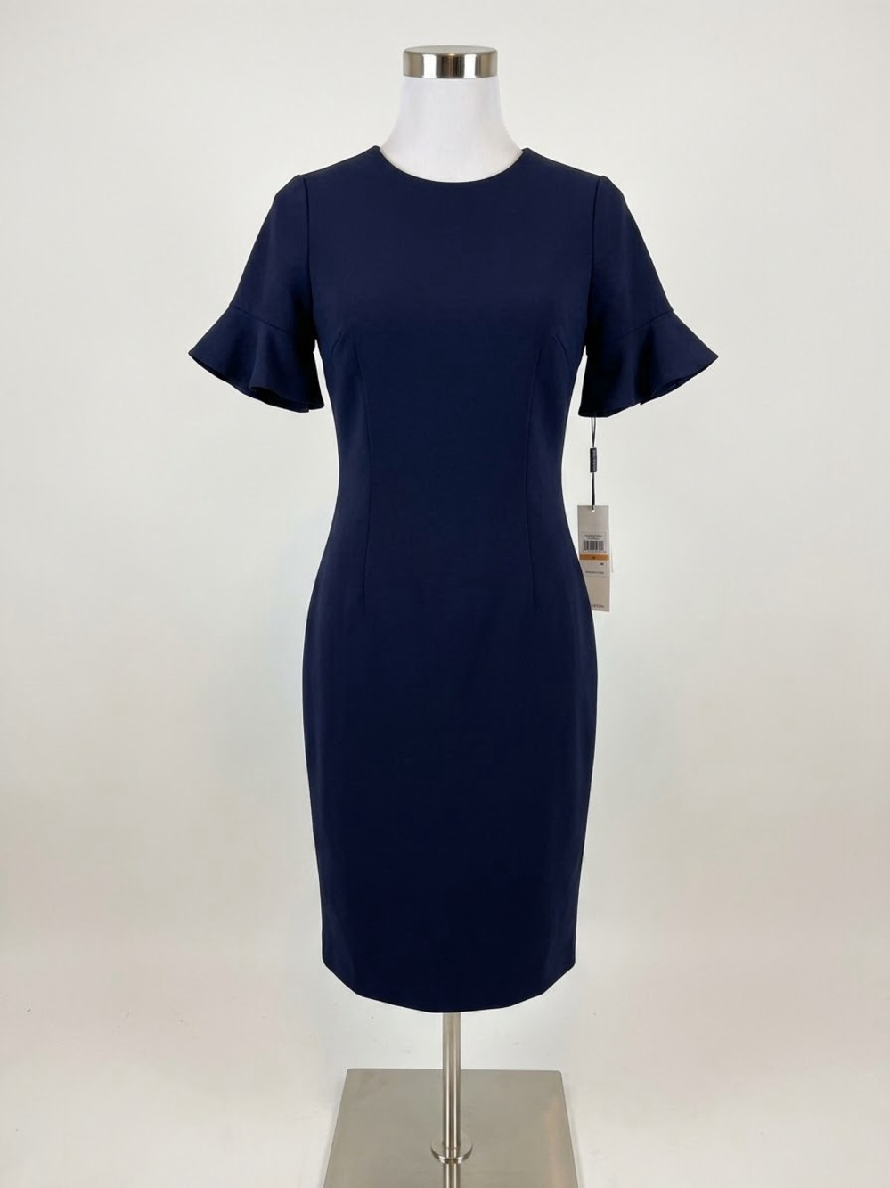 Calvin Klein Navy Ruffle Sleeve Midi Sheath Dress